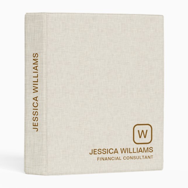 Personalized beige linen simple brown typography mini binder (Front/Spine)