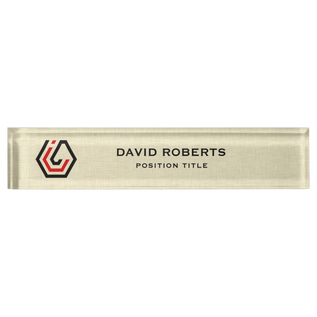 Personalized Beige Linen & Stand in Logo Desk Name Plate (Front)