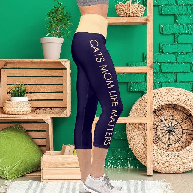 Personalized Beige Navy Blue Pet Cat Name Text Fun Capri Leggings (Creator Uploaded)