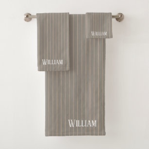 Personalized beige pinstripes bath towel set
