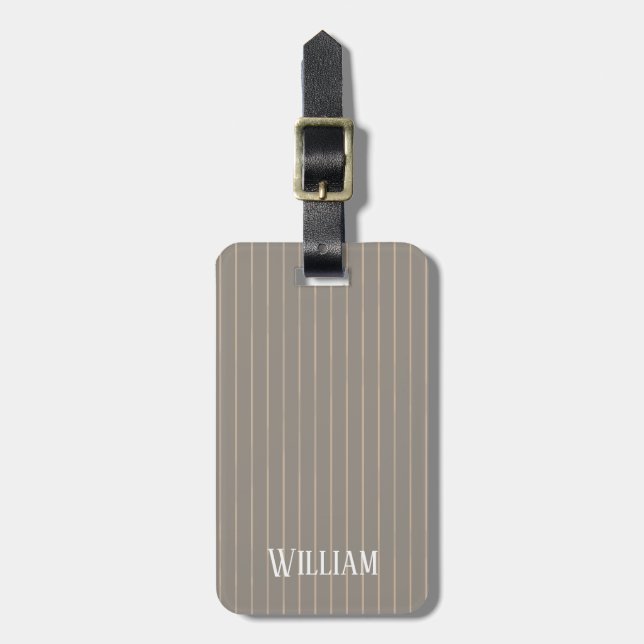 Personalized beige pinstripes luggage tag (Front Vertical)