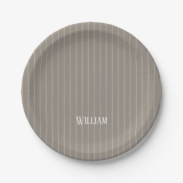 Personalized beige pinstripes paper plates (Front)