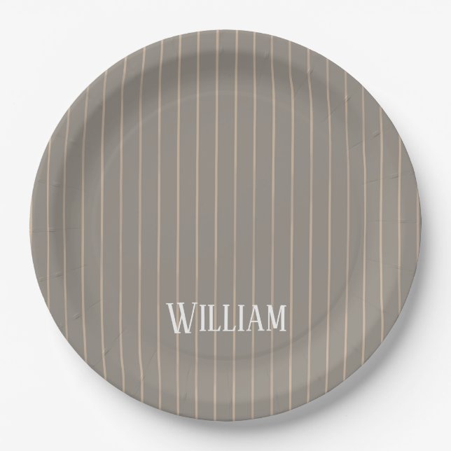 Personalized beige pinstripes paper plates (Front)