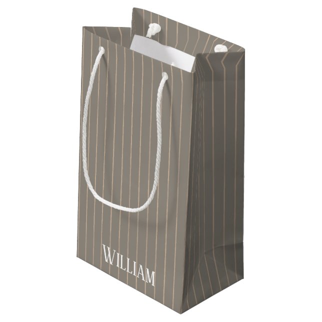 Personalized beige pinstripes small gift bag (Back Angled)