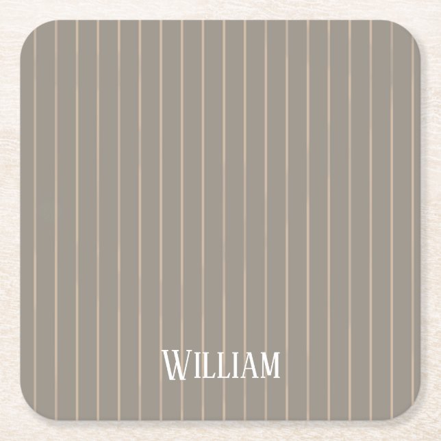 Personalized beige pinstripes square paper coaster (Front)