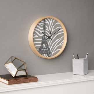 Personalized Beige Tones Zebra Eiffel Tower Clock
