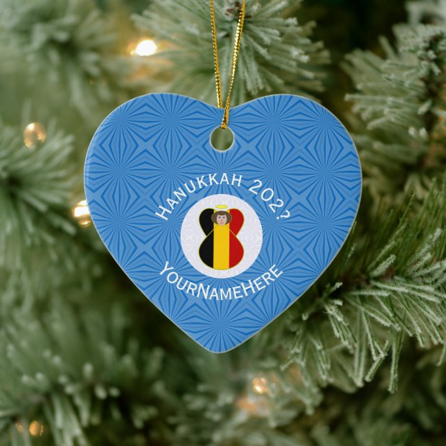 Personalized Belgian Angel Hanukkah Flag Ceramic Ornament (Tree)
