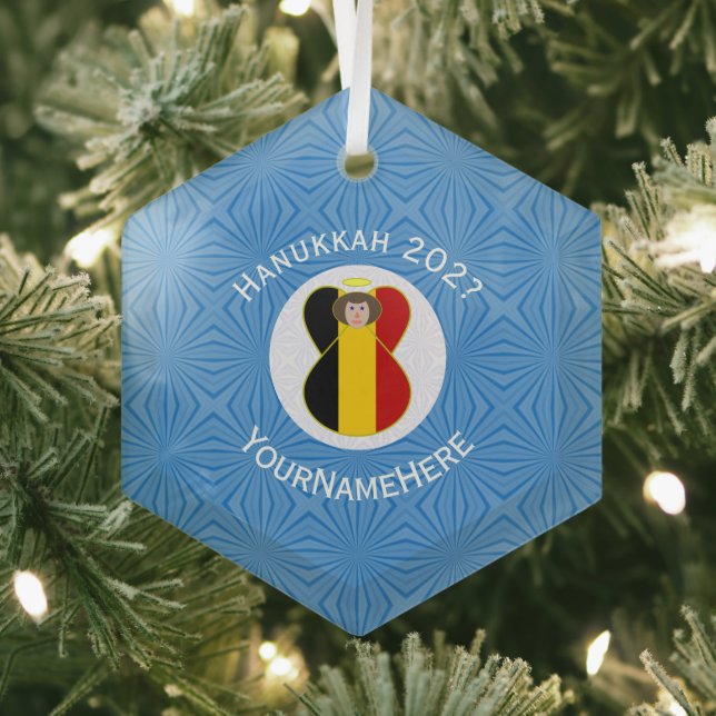 Personalized Belgian Angel Hanukkah Flag Glass Ornament (Insitu)