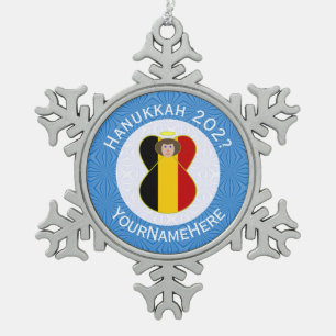 Personalized Belgian Angel Hanukkah Flag Snowflake Pewter Christmas Ornament