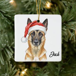 Personalized Belgian Malinois Dog with Santa Hat Ceramic Ornament