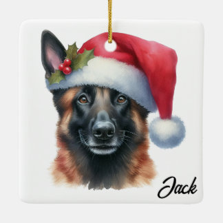 Personalized Belgian Malinois Dog with Santa Hat Ceramic Ornament