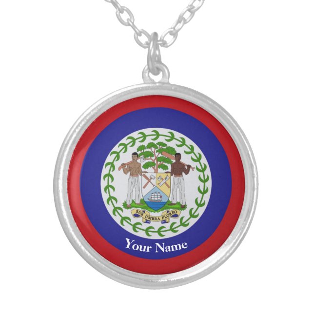 Personalized Belize Flag Necklace, Silver Plated Necklace (Front)