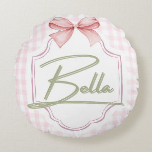 Personalized Bella Baby Girl Nursery Bow&Gingham Round Pillow
