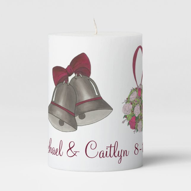 Personalized Bells Flower Bouquet Wedding Favor Pillar Candle (Front)