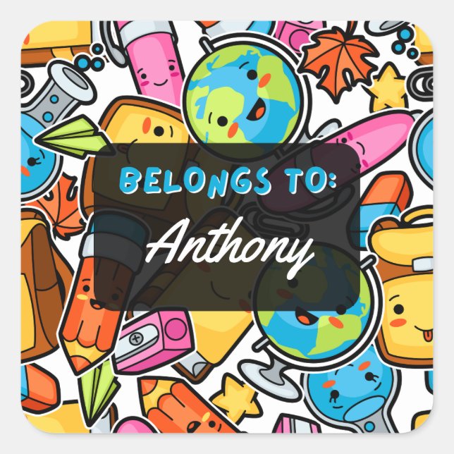 Personalized BELONGS TO Kawaii School Sticker (Front)