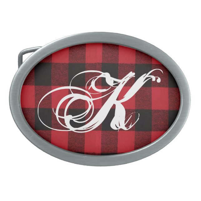 Personalized Belt Buckle Red Buffalo Plaid Bear (Front)
