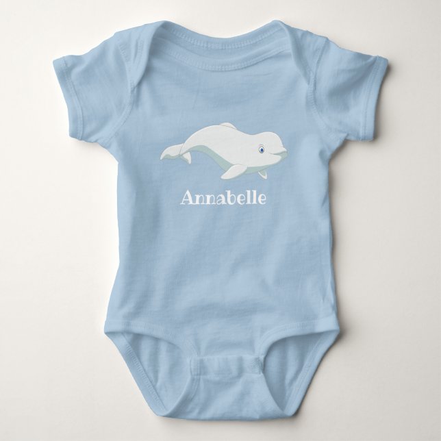 Personalized Beluga Whale and Blue Hearts Arctic Baby Bodysuit (Front)