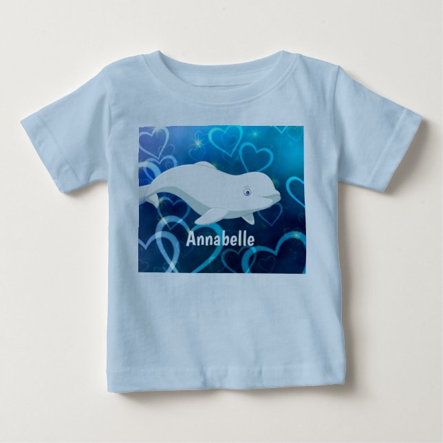 Personalized Beluga Whale and Blue Hearts Arctic Baby T-Shirt (Front)