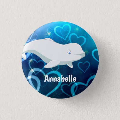 Personalized Beluga Whale and Blue Hearts Arctic Button