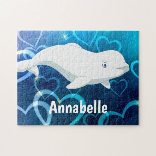 Personalized Beluga Whale and Blue Hearts Arctic Jigsaw Puzzle