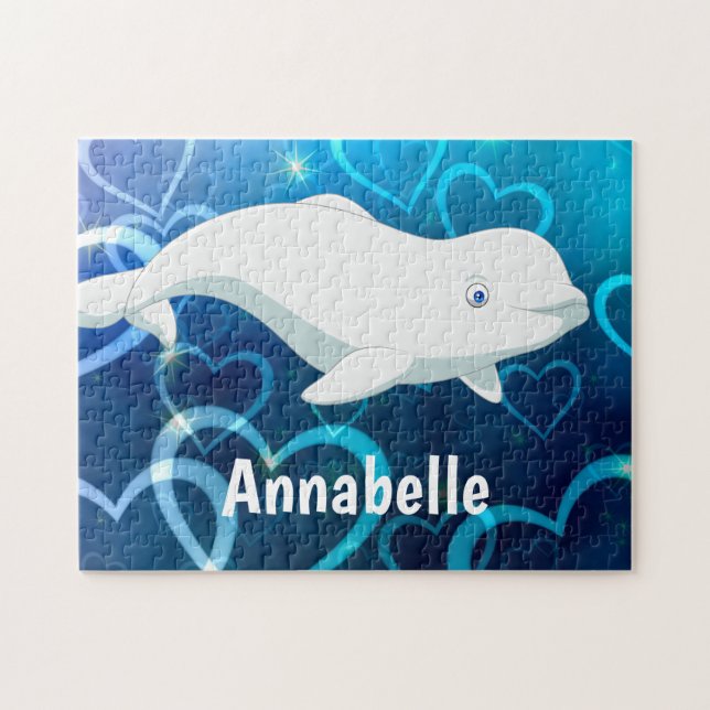 Personalized Beluga Whale and Blue Hearts Arctic Jigsaw Puzzle (Horizontal)