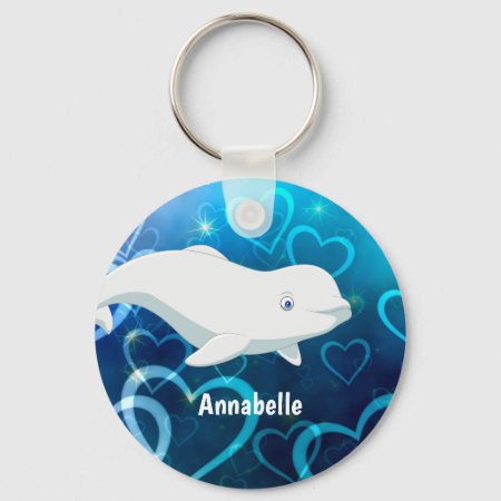 Personalized Beluga Whale And Blue Hearts Arctic Keychain