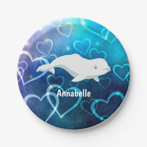 Personalized Beluga Whale and Blue Hearts Arctic Paper Plates