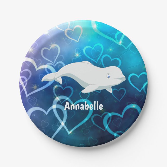 Personalized Beluga Whale and Blue Hearts Arctic Paper Plates (Front)