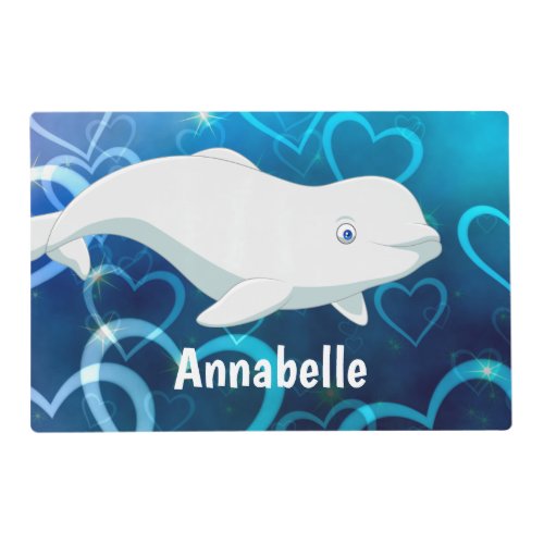 Personalized Beluga Whale and Blue Hearts Arctic Placemat