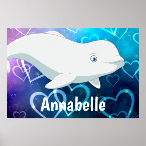 Personalized Beluga Whale and Blue Hearts Arctic Poster