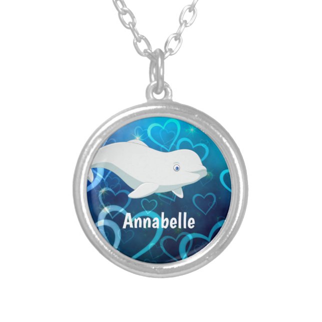 Personalized Beluga Whale and Blue Hearts Arctic Silver Plated Necklace (Front)