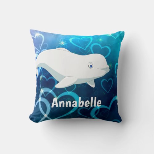 Personalized Beluga Whale and Blue Hearts Arctic Throw Pillow
