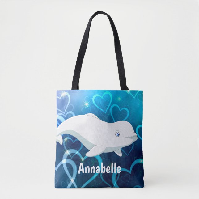 Personalized Beluga Whale and Blue Hearts Arctic Tote Bag (Front)