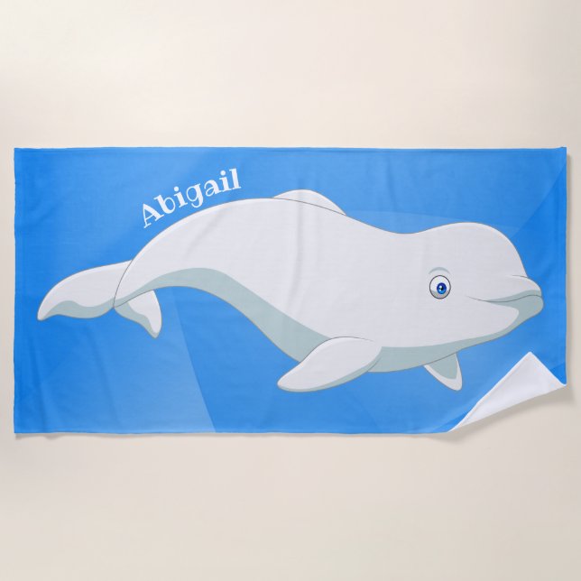 Personalized Beluga Whale Blue, White Arctic Ocean Beach Towel (Front)