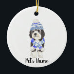 Personalized Bernedoodle Blue & White Ceramic Ornament<br><div class="desc">I am in love with this beautifully detailed watercolor illustration of a grey, black, and white bernedoodle or sheepadoodle on a an ornament with a sweet little blue and white hat/scarf combo! Personalize these ornaments and make the nice list this year! For the perfect presents, pair it with a matching...</div>