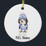 Personalized Bernedoodle Blue & White Ceramic Ornament<br><div class="desc">I am in love with this beautifully detailed watercolor illustration of a grey, black, and white bernedoodle or sheepadoodle on a an ornament with a sweet little blue and white hat/scarf combo! Personalize these ornaments and make the nice list this year! For the perfect presents, pair it with a matching...</div>