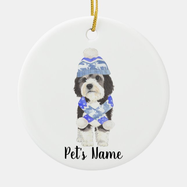 Personalized Bernedoodle Blue & White Ceramic Ornament (Front)