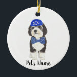 Personalized Bernedoodle Blue Yarmulke Bow Tie Ceramic Ornament<br><div class="desc">I am in love with this beautifully detailed watercolor illustration of a grey, black, and white bernedoodle or sheepadoodle on an ornament with a sweet little blue and white yarmulke and bowtie combo! Personalize these ornaments and make the nice list this year! For the perfect presents, pair it with a...</div>