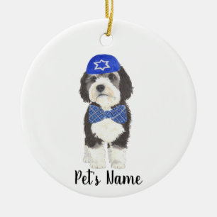 Personalized Bernedoodle Blue Yarmulke Bow Tie Ceramic Ornament