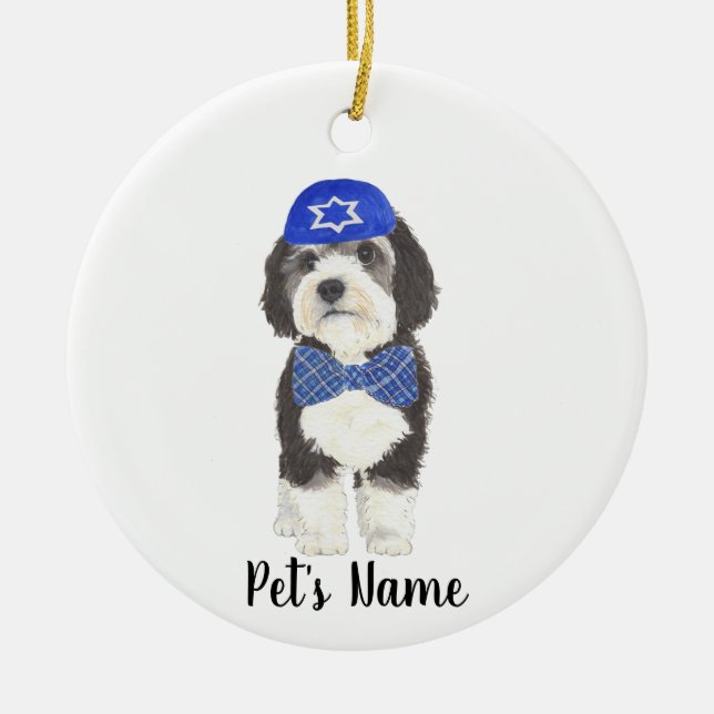 Personalized Bernedoodle Blue Yarmulke Bow Tie Ceramic Ornament (Front)
