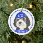 Personalized Bernedoodle Hanukkah Yarmulke Blue Ceramic Ornament<br><div class="desc">Celebrate your favorite mensch on a bench with personalized ornament! This design features a sweet illustration of a bernedoodle or sheepadoodle dog with a blue and white yarmulke. For the most thoughtful gifts, pair it with another item from my collection! To see more work and learn about this artist, visit...</div>