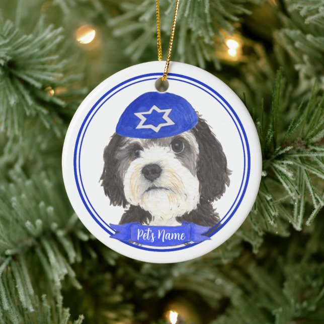Personalized Bernedoodle Hanukkah Yarmulke Blue Ceramic Ornament (Tree)