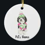 Personalized Bernedoodle Pink and Green Christmas Ceramic Ornament<br><div class="desc">I am in love with this beautifully detailed watercolor illustration of a grey, black, and white bernedoodle or sheepadoodle on an ornament with a sweet little pink and green ski hat and scarf bowtie combo! Personalize these ornaments and make the nice list this year! For the perfect presents, pair it...</div>