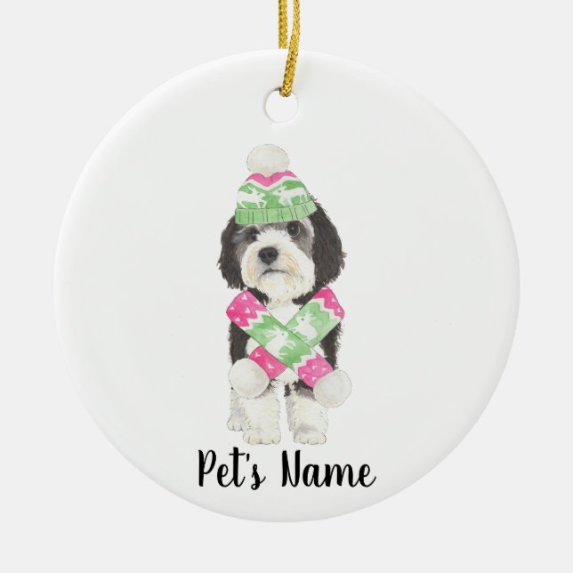 Personalized Bernedoodle Pink and Green Christmas Ceramic Ornament (Front)