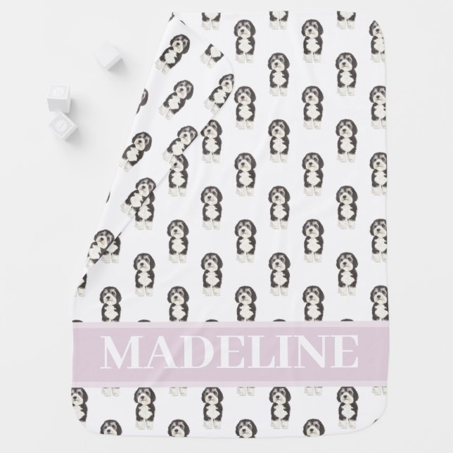 Personalized Bernedoodle Pink & White Baby Blanket (In Situ)