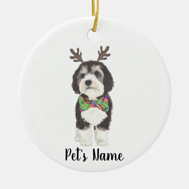 Personalized Bernedoodle Reindeer Bowtie Christmas Ceramic Ornament (Front)