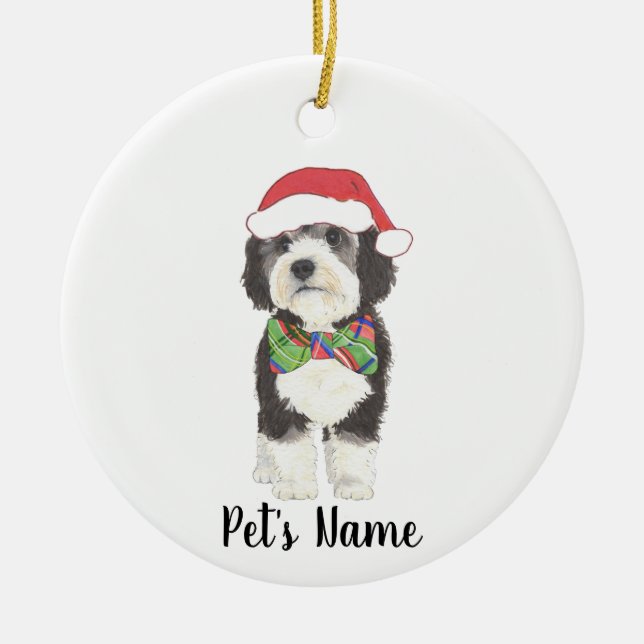 Personalized Bernedoodle Santa Hat & Bowtie Ceramic Ornament (Front)