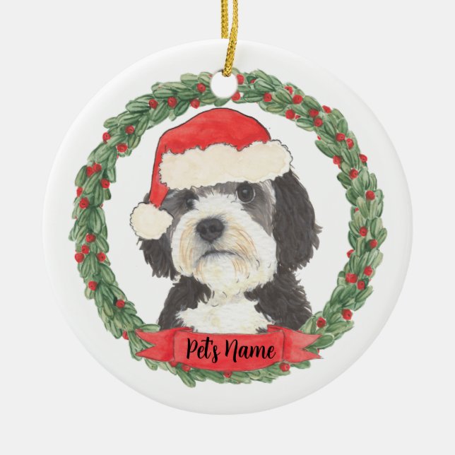 Personalized Bernedoodle Santa Hat Christmas Ceramic Ornament (Front)