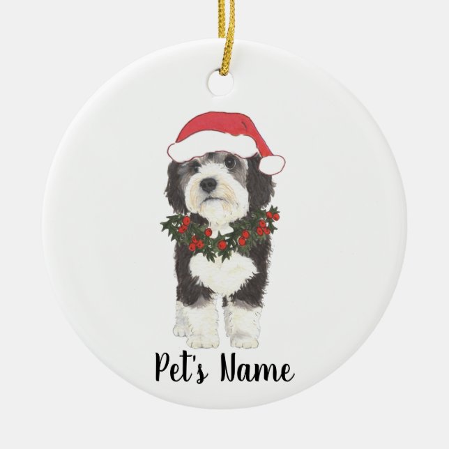 Personalized Bernedoodle Santa Hat Christmas Ceramic Ornament (Front)