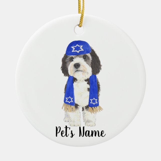Personalized Bernedoodle Yarmulke Hanukkah Blue Ceramic Ornament (Front)